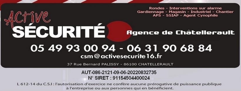 Active Sécurité agence de Châtellerault : 05 49 93 00 94